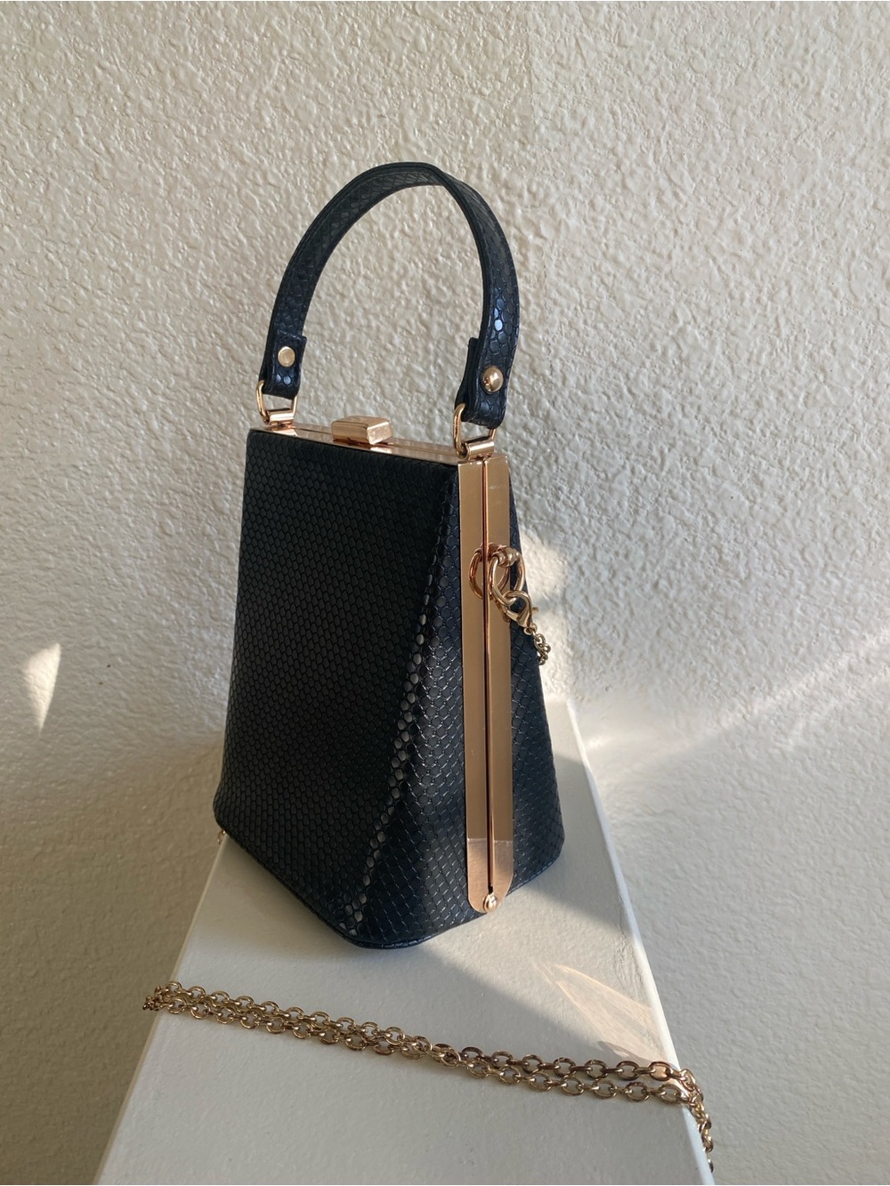 Black Textured Wristlet Clutch with Gold Frame
